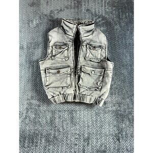 Impulsive Crop Trucker Vest Womens Medium Gray Acid Wash Mock Neck Zip‎ Front